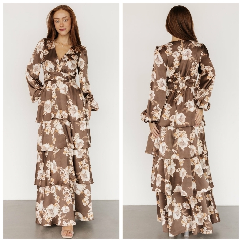 Baltic Born Montrouge Mocha Floral Tiered Satin Dress
